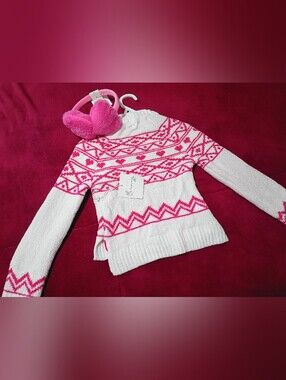 btween Girls White & Hot Pink Fair Isle Sweater Size 4